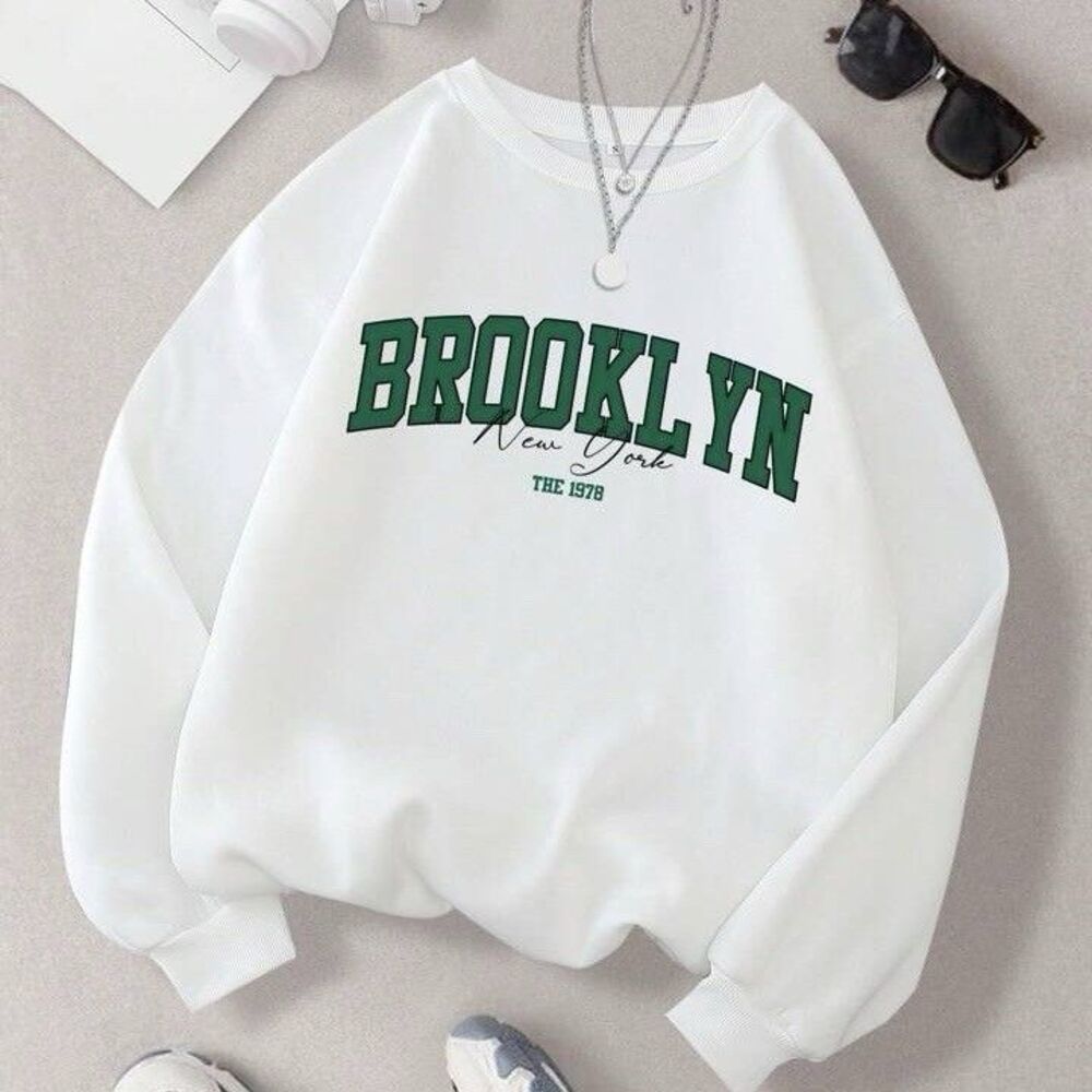 SHEIN Brooklyn New York Sweatshirt Women S White Green Crew City Streetwear